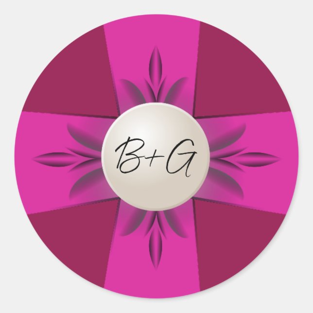Sticker Rond Gras Magenta et vin Monogram Pearl Ribbon Mariage (Devant)