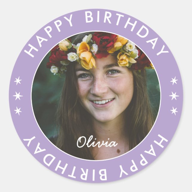 Sticker Rond Gras Moderne Simple Lavande Joyeuse Photo Annivers (Devant)