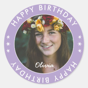 Sticker Rond Gras Moderne Simple Lavande Joyeuse Photo Annivers