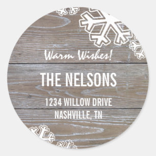 Sticker Rond Gras Snowflakes sur un Arrière - plan en bois