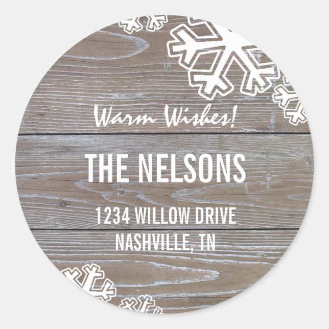 Sticker Rond Gras Snowflakes sur un Arrière - plan en bois (Devant)