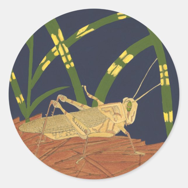 Sticker Rond Grasshopper en Grass vert sur Arrière - plan bleu (Devant)
