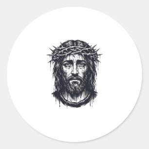 Sticker Rond Gravure vintage Couronne d'épines Portrait sacré