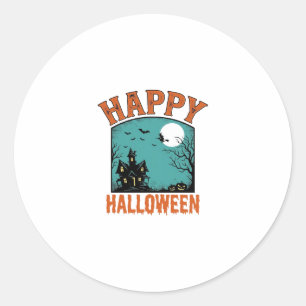 Sticker Rond Gravure Vintage Joyeux Halloween Maison Hantée De