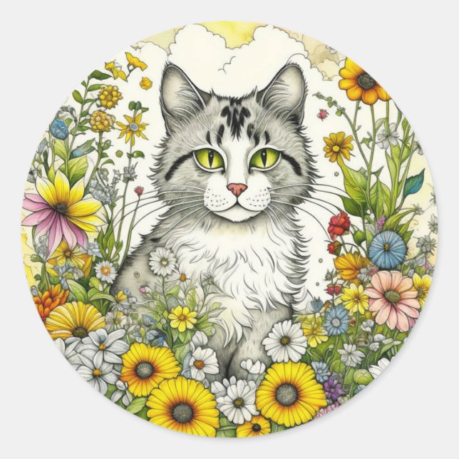 Sticker Rond Gray Kitty Chat assis en Fleurs (Devant)