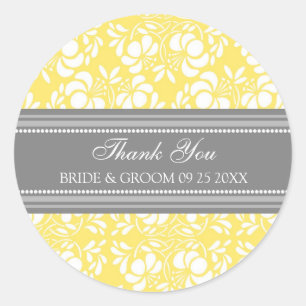 Sticker Rond Gray Lemon Damask Merci Wedding Favor Tags