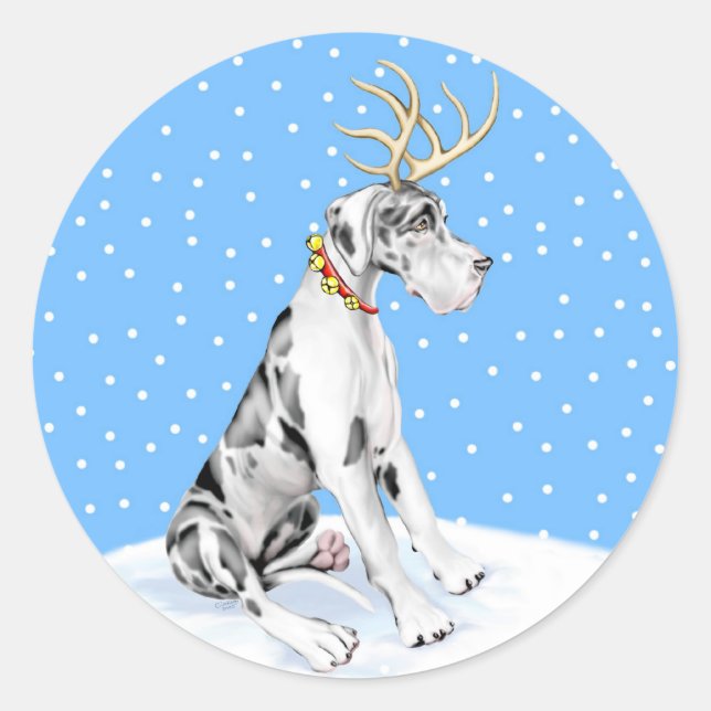 Sticker Rond Great Dane Reindeer Arlequin de Noël UC (Devant)