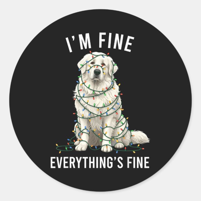 Sticker Rond Great Pyrenees Christmas I'm Fine Everything Is Fi (Devant)
