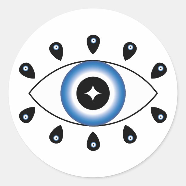 Sticker Rond Grec Mal Oeil Bleu Noir Blanc (Devant)