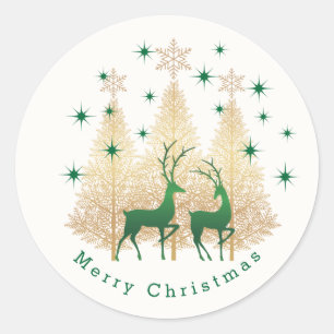 Sticker Rond Green and gold Christmas tree, reindeer