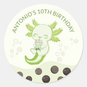 Sticker Rond Green Axolotl Bubble Milk Boba Tea Anniversaire