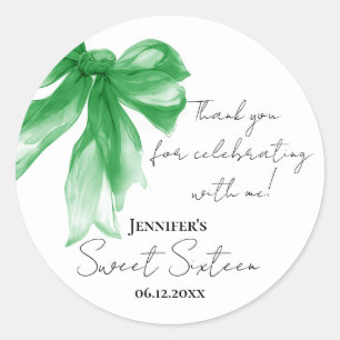 Sticker Rond Green Bow Coquette Script Sweet 16 Remerciement 