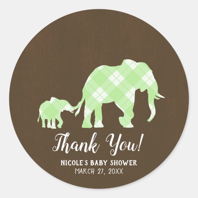Sticker Rond Green Elephants Brown tendance Baby shower moderne (Devant)