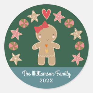 Sticker Rond Green Gingerbread Girl Holiday Cookie Modern Cute
