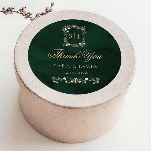 Sticker Rond Green Gold Botanical Crest Wedding Thank you (Créateur téléchargé)