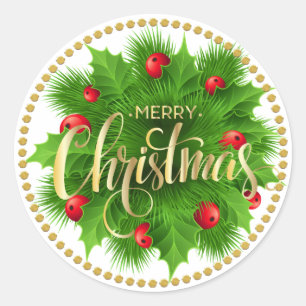 Sticker Rond Green Holly & Red Berries Wreath Joyeux Noël