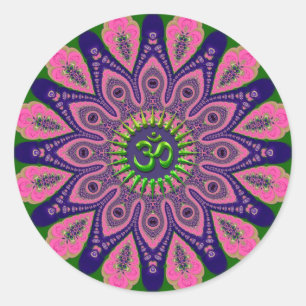 Sticker Rond Green Om Funky Pink et Indigo Mandala
