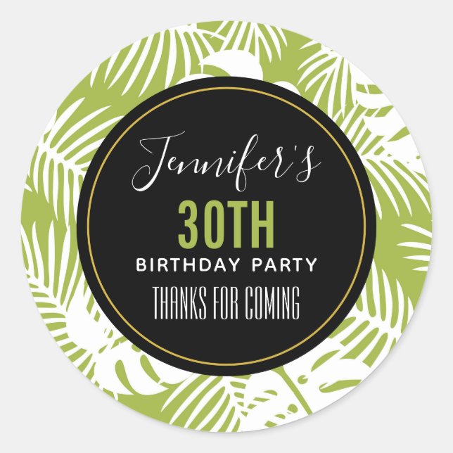 Sticker Rond Green Palm Feuille Jungle Motif Anniversaire Merci (Devant)