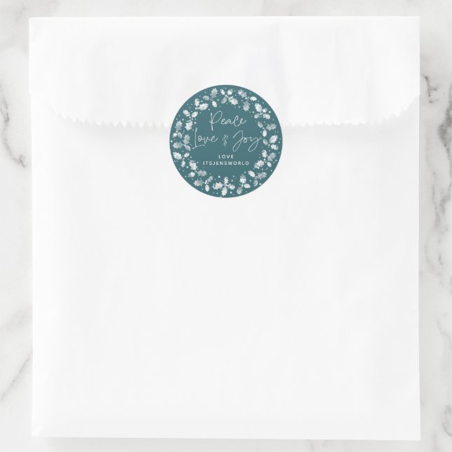 Sticker Rond Green Peace Love+Joy Holly Wreath (Sac)
