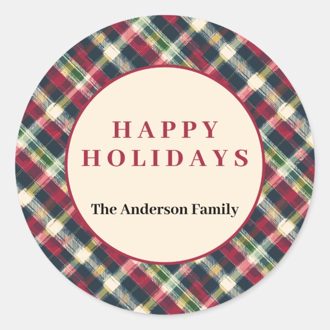 Sticker Rond Green Red Tartan Plaid Custom Christmas Holiday (Devant)