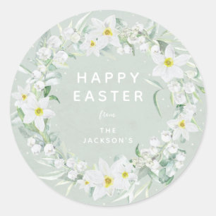 Sticker Rond Green + White Floral Wreath Message de Pâques