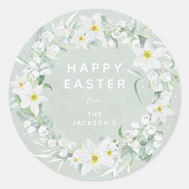 Sticker Rond Green + White Floral Wreath Message de Pâques (Devant)