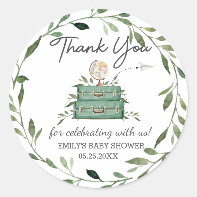 Sticker Rond Greenery Adventure Baby Shower Journey Suitcase (Devant)