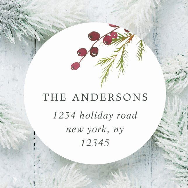 Sticker Rond Greenery Red Berries Holiday Adresse de retour (Créateur téléchargé)