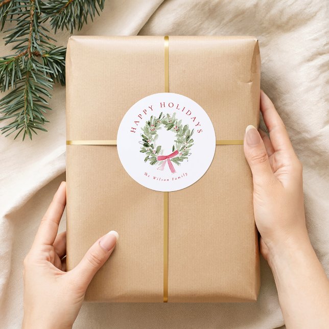 Sticker Rond Greenery Wreath & Red Bow Holiday (Créateur téléchargé)