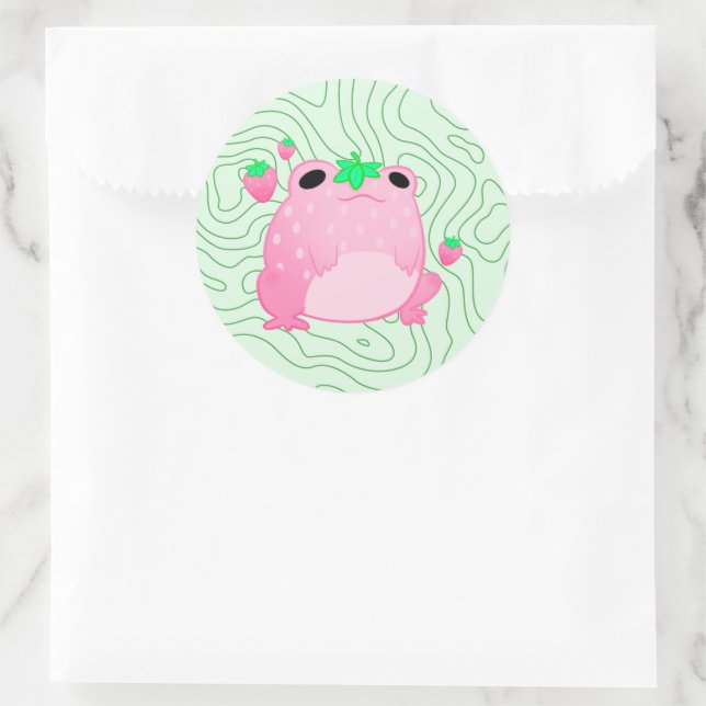 Sticker Rond Grenouille à fraise Kawaii (Sac)