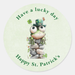 Sticker Rond Grenouille avec chapeau vert et trèfle Saint-Patri
