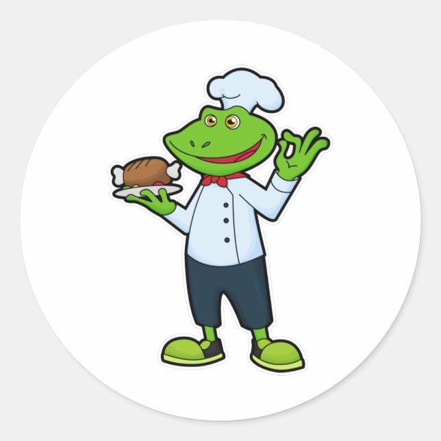 Sticker Rond Grenouille comme cuisiner avec assiette de service (Devant)