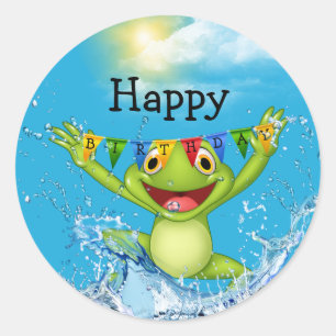 Sticker Rond Grenouille d'anniversaire qui saute hors de l'eau