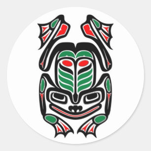 Sticker Rond Grenouille d'art autochtone haïda - noir sur blanc