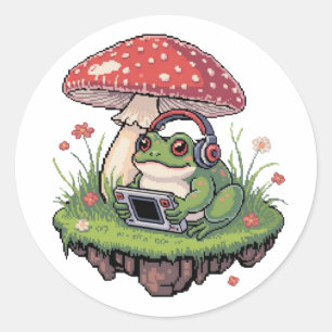 Sticker Rond Grenouille de jeu pixel confortable Champignon