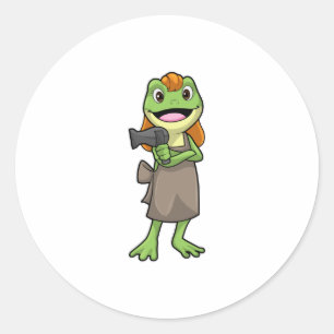 Sticker Rond Grenouille en coiffeur avec sèche-cheveux