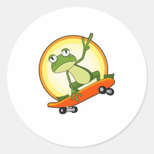 Sticker Rond Grenouille en patinage avec planche à roulettes