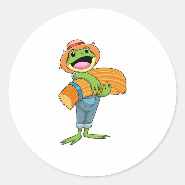 Sticker Rond Grenouille en tant que fermier avec paille (Devant)