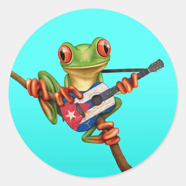 Sticker Rond Grenouille Jouer Drapeau Cubain Guitare Bleu (Devant)
