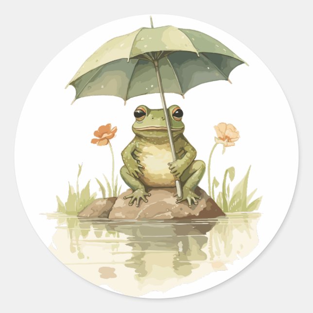Sticker Rond Grenouille mignonne avec un parapluie au lac (Devant)