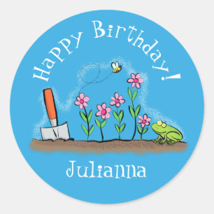 Sticker Rond Grenouille mignonne et abeille dans le jardin dess