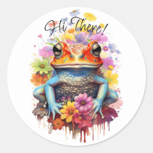 Sticker Rond Grenouille mignonne et colorée aux fleurs