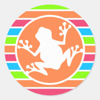 Sticker Rond Grenouille; Neon Orange Rose Bleu Bleu Gris