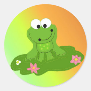 Sticker Rond Grenouille verte drôle sur un nénuphar