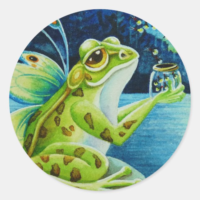 Sticker Rond Grenouilles et lucioles à fée de Whimsical Aquarel (Devant)
