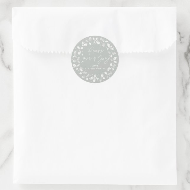 Sticker Rond Grey Green Peace Love+Joy Holly Wreath (Sac)