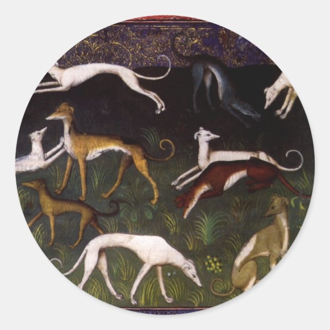 Sticker Rond Greyhounds médiéval dans la Forêt profonde (Devant)