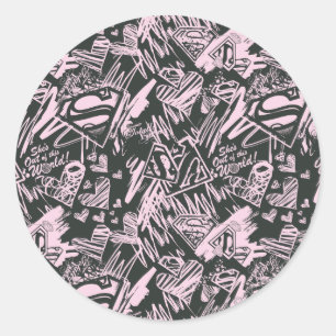 Sticker Rond Griffonnages roses et noirs de Supergirl