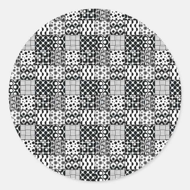 Sticker Rond Grille de Motifs géométriques noirs et blancs, 01 (Devant)