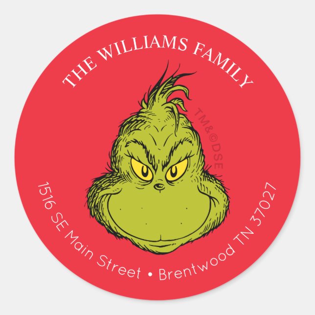 Sticker Rond Grinch classique | Adresse de Noël (Devant)
